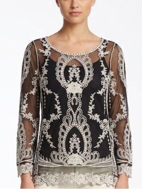 YOUARENOTALONE Sheer Lace Black & Cream long sleeved Top fairy goth size Medium